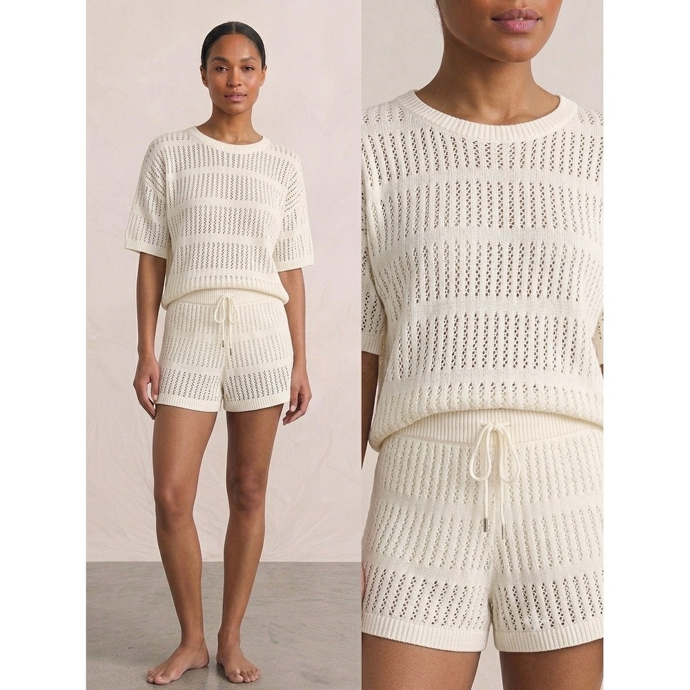 PrettyGarden Womens Cream Pointelle Knit 2 Piece Set Top and Shorts Size L